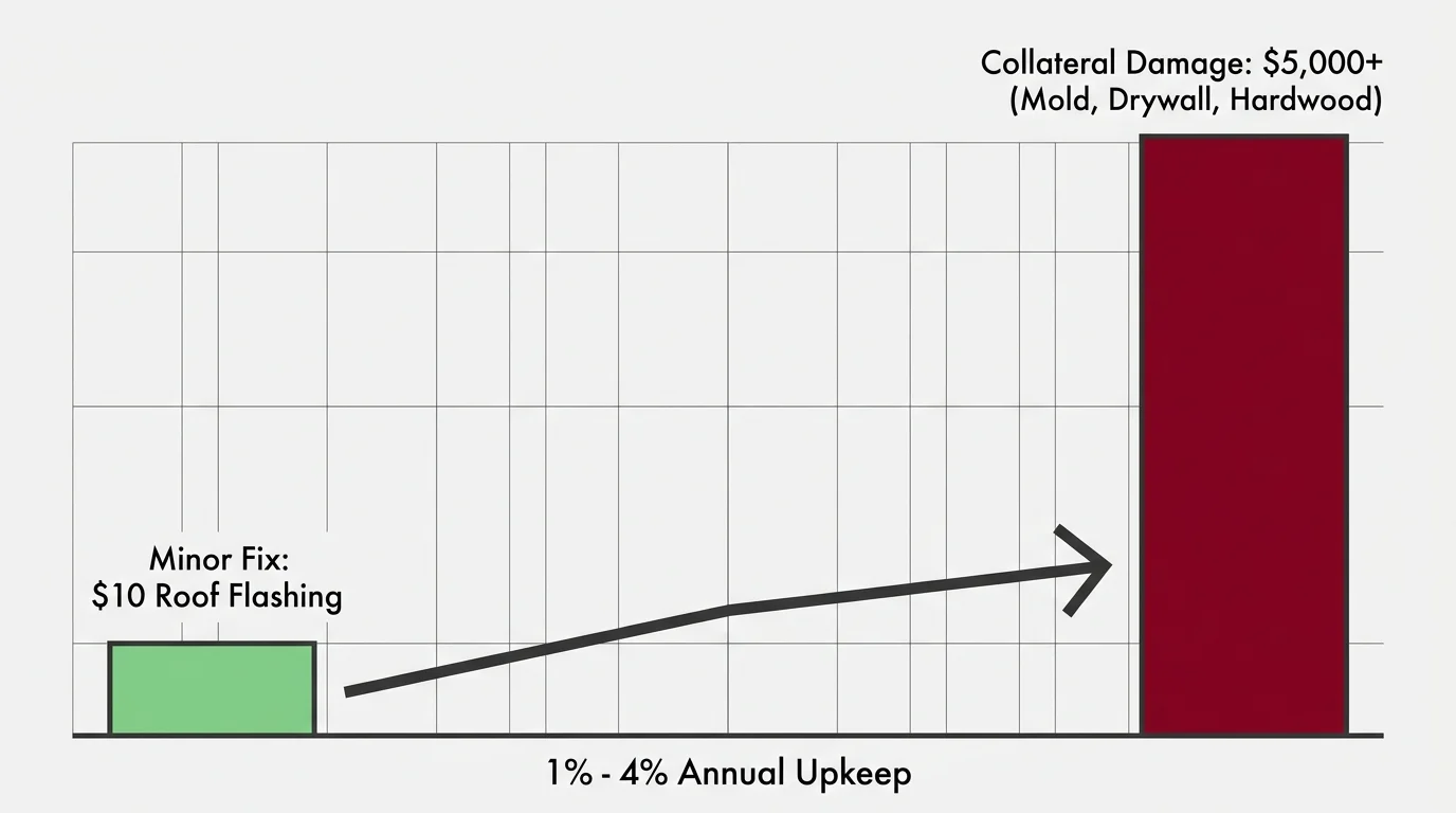 A bar chart comparing a ten-dollar roof flashing repair to over five thousand dollars in resulting water damage and mold remediation.