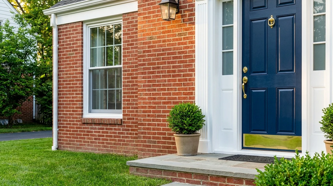 A beautiful, well-maintained home entrance with fresh paint and clean caulking in the morning light.