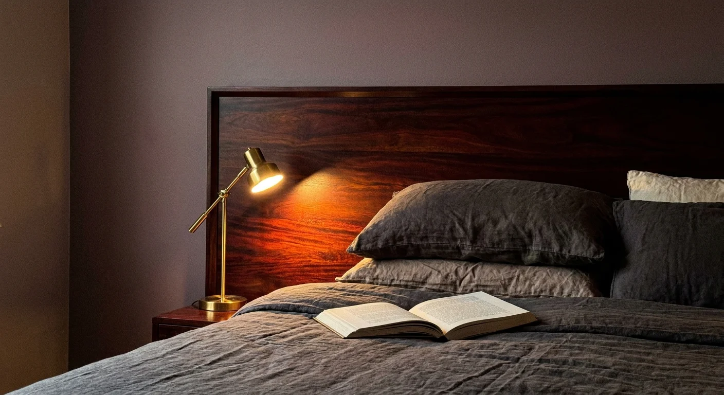 A bedroom scene with a dusty plum wall behind a dark mahogany wooden headboard.