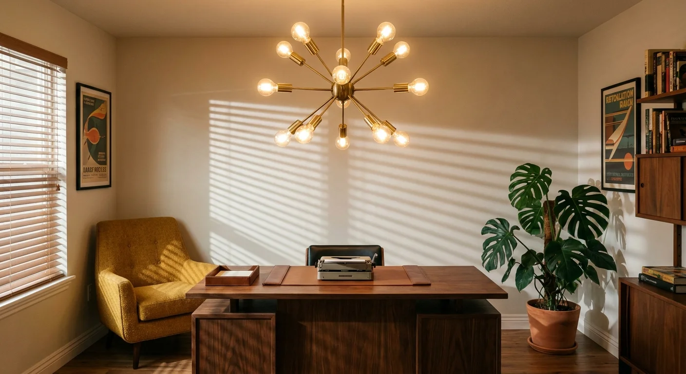 A brass Sputnik-style chandelier with many arms hangs in a mid-century modern office with a walnut desk and yellow chair.