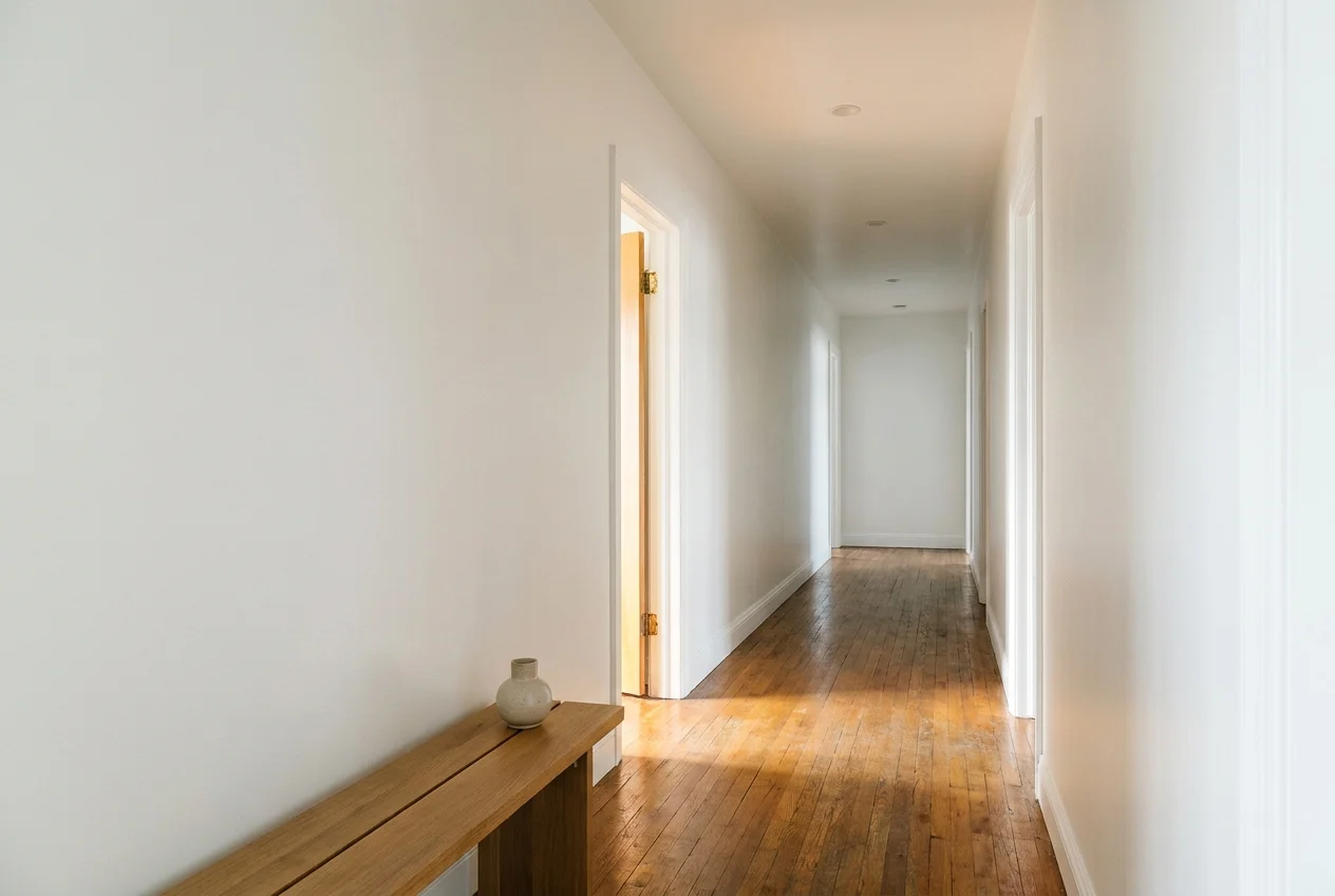 A bright, clean windowless hallway with white walls and hardwood floors, showing light reflecting from an adjacent room.
