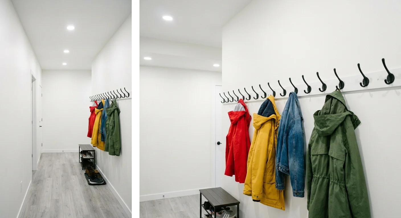 A bright, practical hallway with pure white walls, coat hooks, and light grey floors.