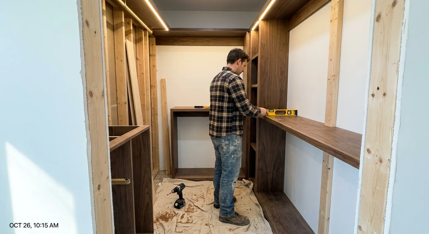A candid photo of a person installing walnut shelving in a large walk-in closet during a home renovation.