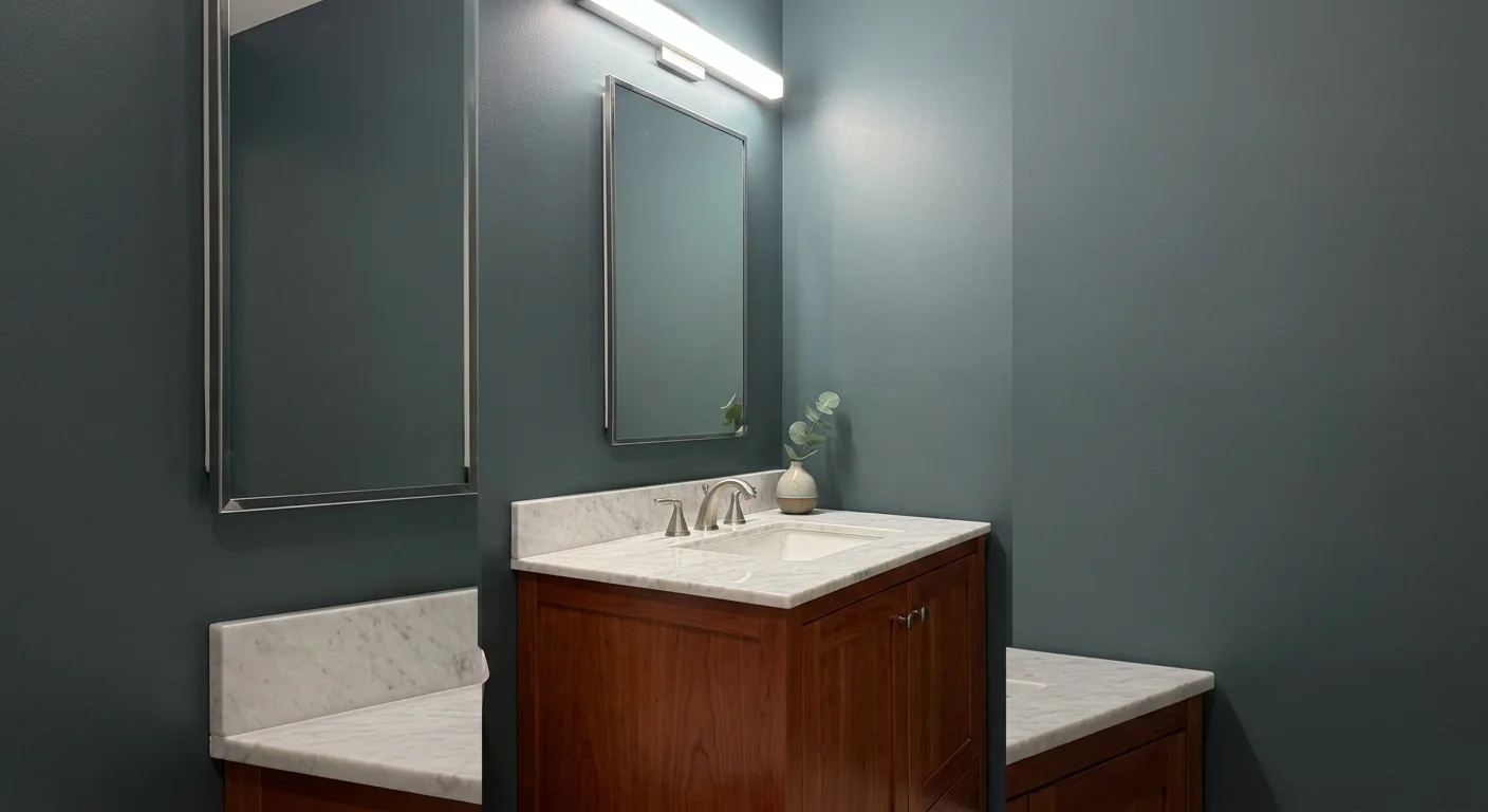 A cherry wood bathroom vanity set against a smoky teal wall with a marble countertop.