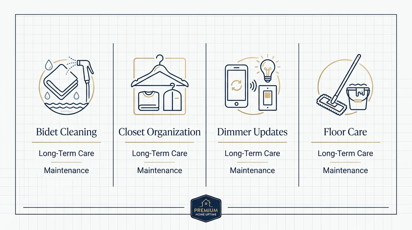 A clean infographic with icons representing maintenance tasks for luxury home features.