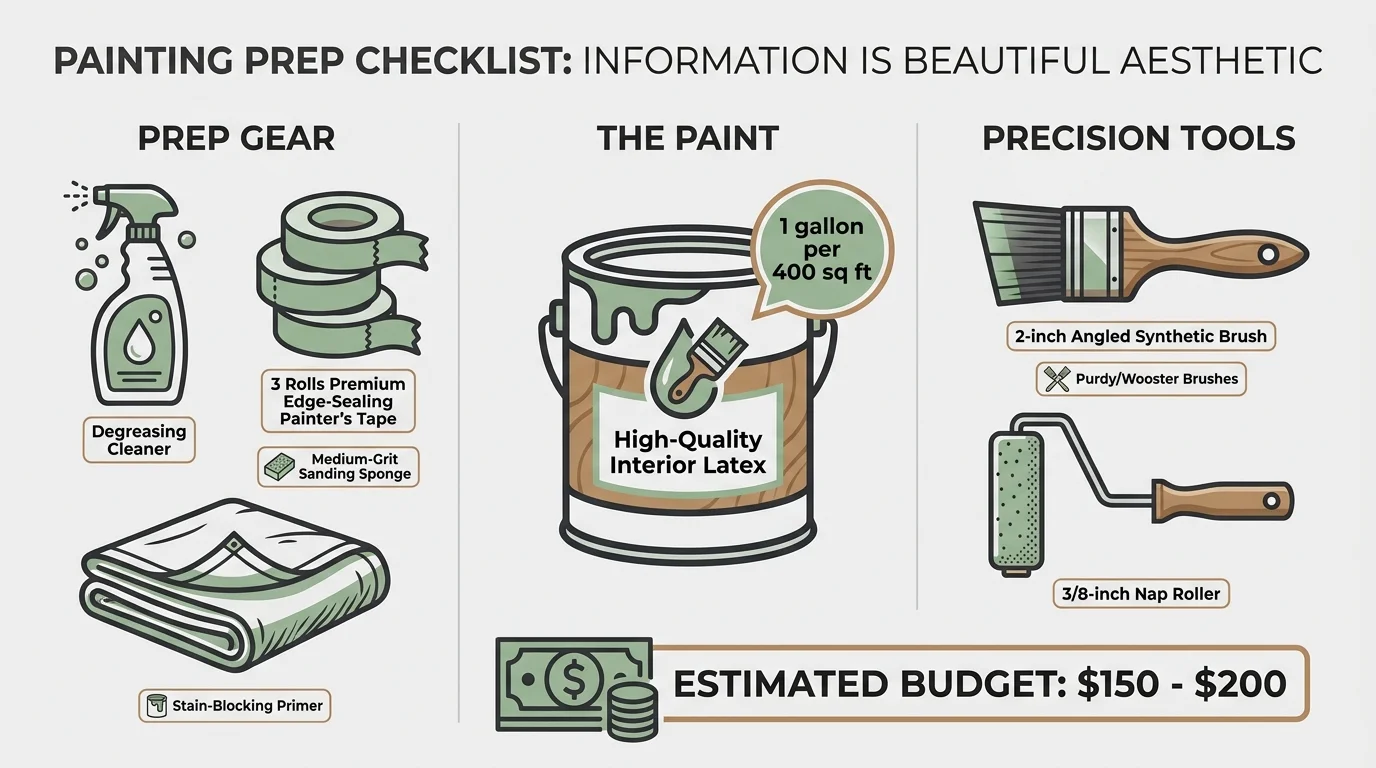 A clear infographic checklist showing painting tools, including brushes, tape, and a budget estimate of $150 to $200.