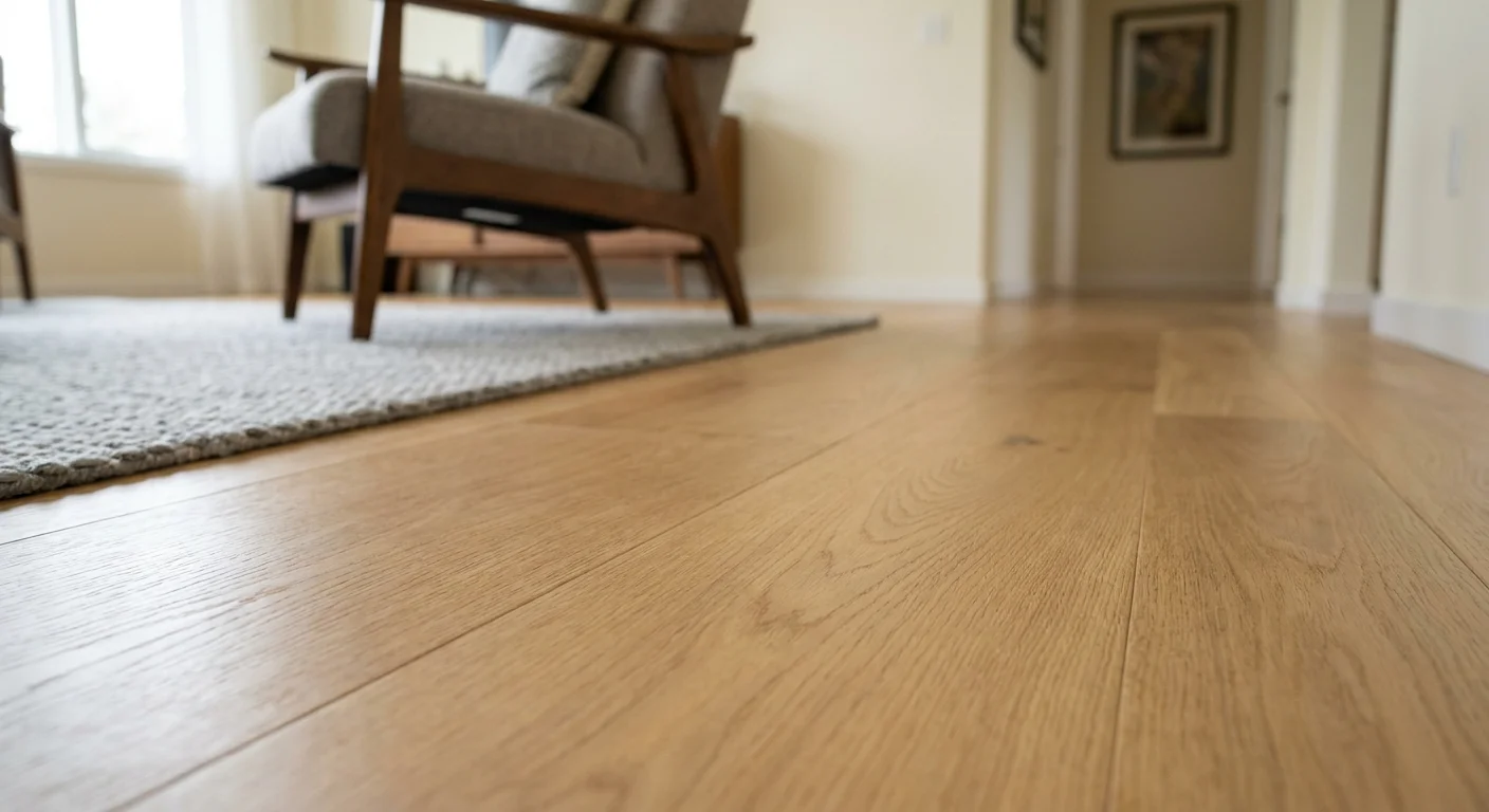 A close-up, low-angle shot of seamless wood flooring transitioning between two rooms, showing consistency.