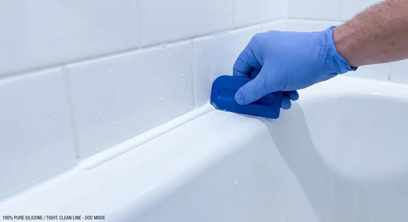 A close-up of a blue tool smoothing a perfect bead of white caulk between a tub and tiles.