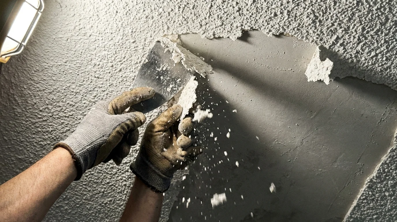 A close-up of a gloved hand using a metal scraper to remove a popcorn ceiling texture.