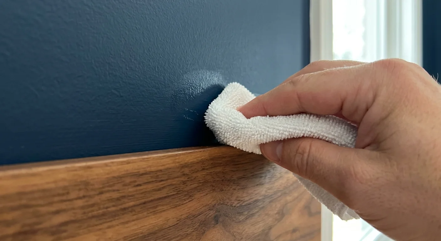 A close-up of a hand cleaning a painted wall with a microfiber cloth near wooden baseboard trim.