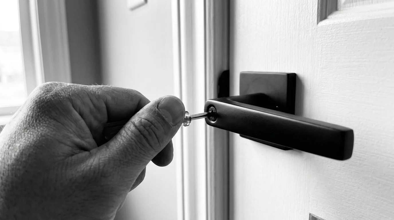 A close-up of a hand installing a modern matte black door handle on a white door.
