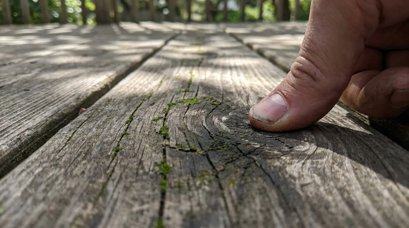 A close-up of a hand pressing into a soft, rotting spot on a weathered wooden deck board.