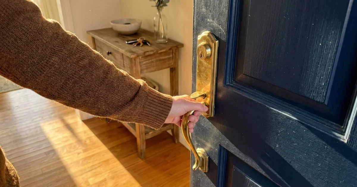 A close-up of a hand turning a polished brass handle on a navy door in a sunlit, clean entryway.