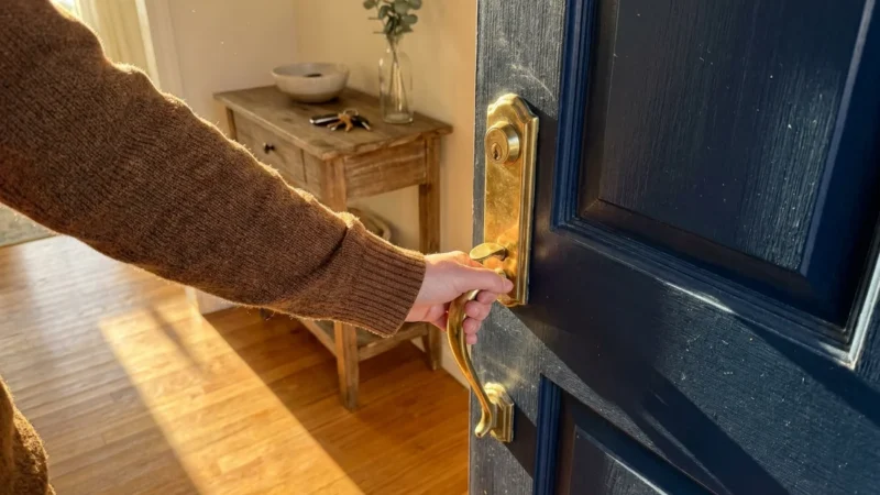 A close-up of a hand turning a polished brass handle on a navy door in a sunlit, clean entryway.