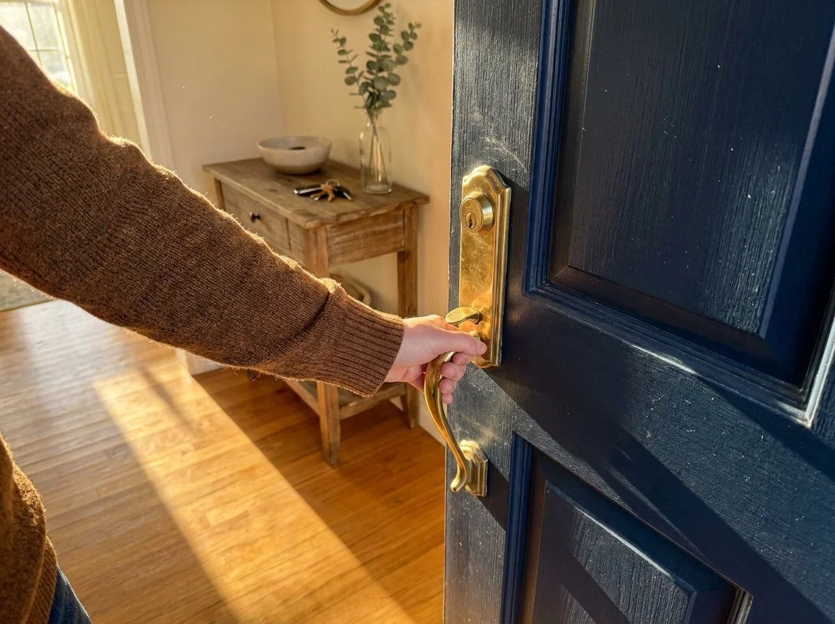 A close-up of a hand turning a polished brass handle on a navy door in a sunlit, clean entryway.