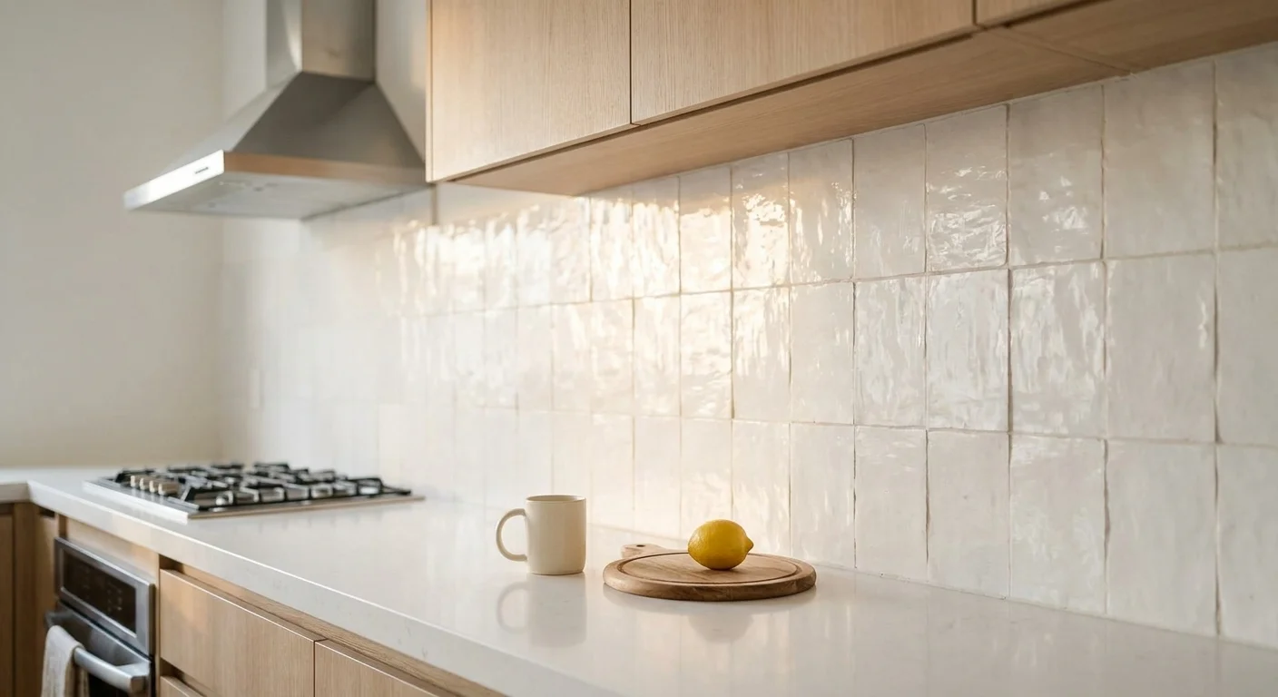 A close-up of a modern kitchen featuring a full-height tile backsplash and a sleek stainless steel range hood.