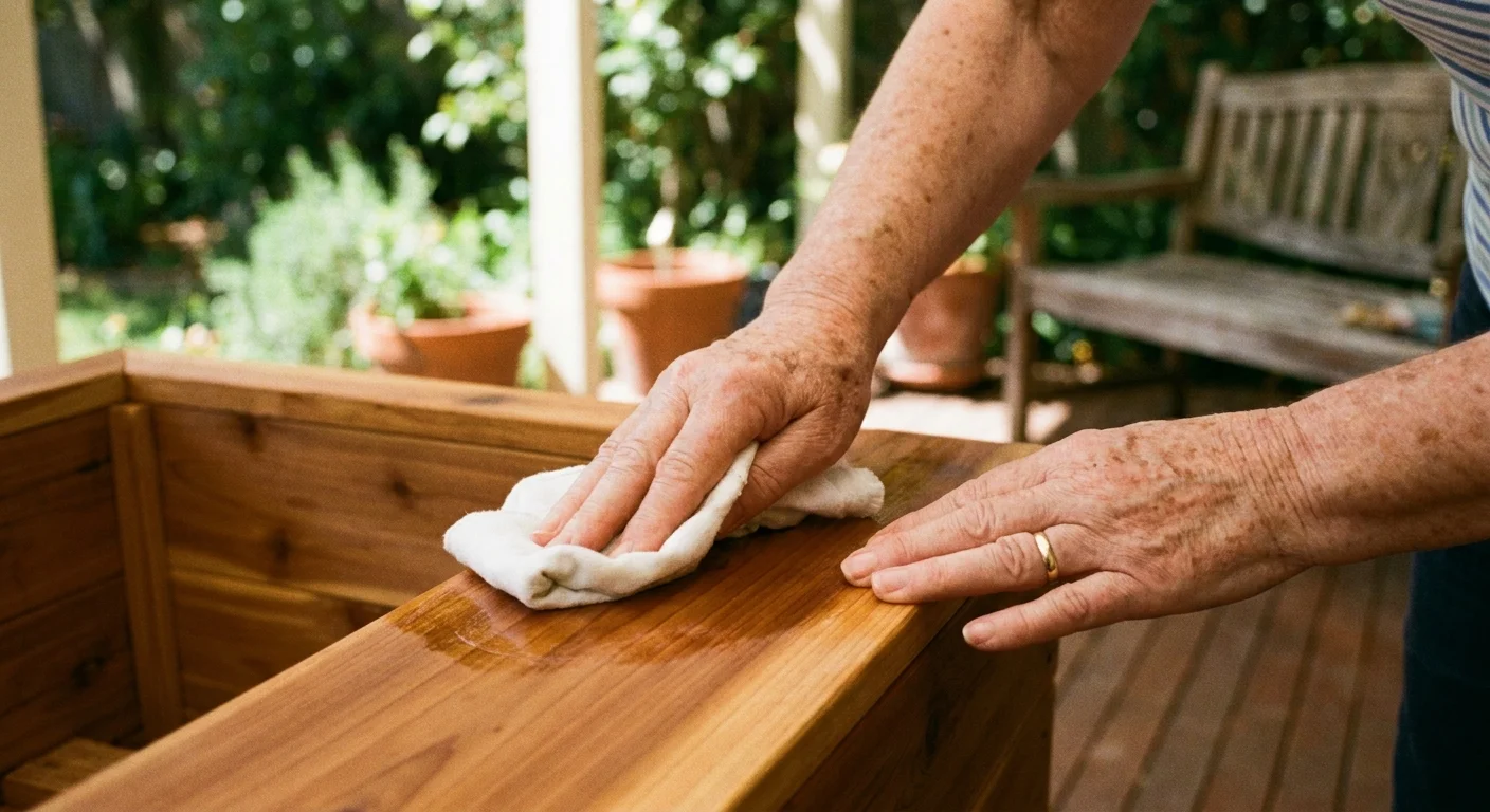 A close-up of a person applying protective wax to a wooden planter box with a soft cloth.