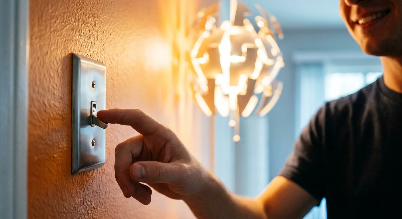 A close-up photo of a hand flipping a light switch, with a newly installed light glowing brightly in the blurred background.