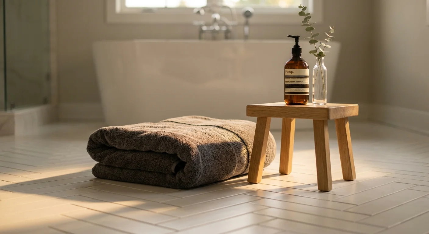 A close-up photo of a plush towel and luxury soap on a radiant heated floor, representing finishing touches.