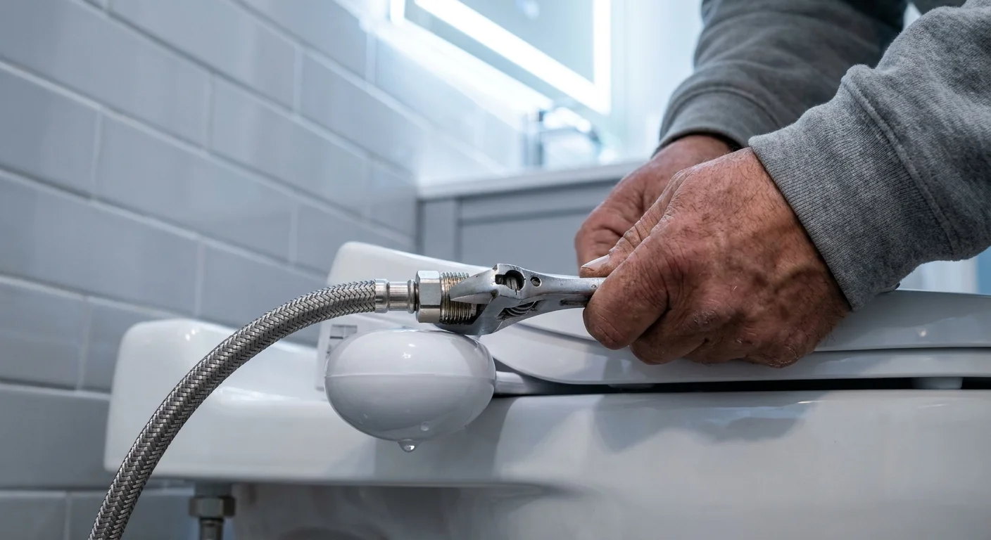 A close-up photo of hands installing a bidet seat water connection in a modern bathroom.