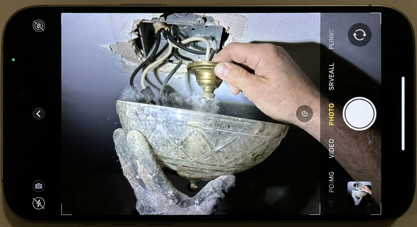 A close-up photo of hands removing a dusty, old glass light fixture from a ceiling electrical box.