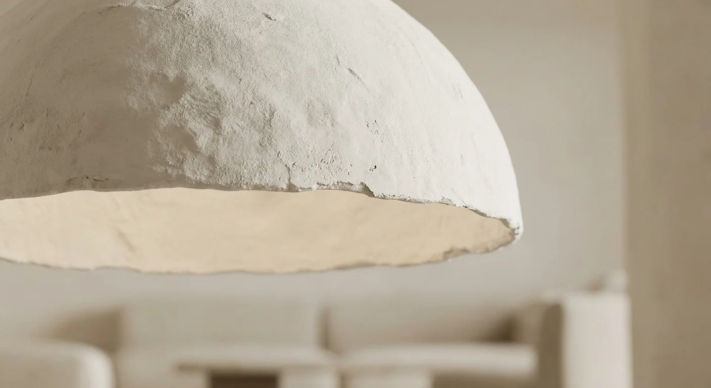 A close-up photo showing the chalky, hand-applied texture of a white plaster dome light fixture.