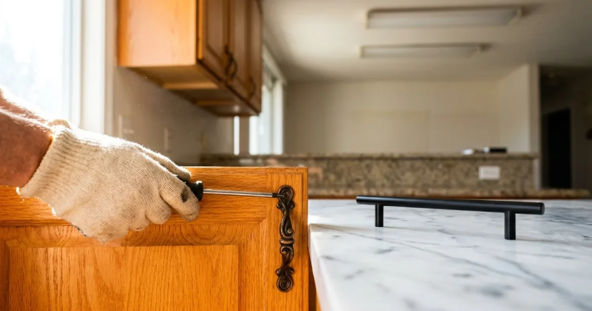 A close-up photograph of a hand replacing an old ornate bronze handle with a modern matte black pull on a honey oak kitchen cabinet.