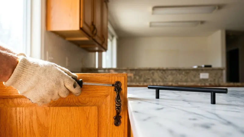A close-up photograph of a hand replacing an old ornate bronze handle with a modern matte black pull on a honey oak kitchen cabinet.