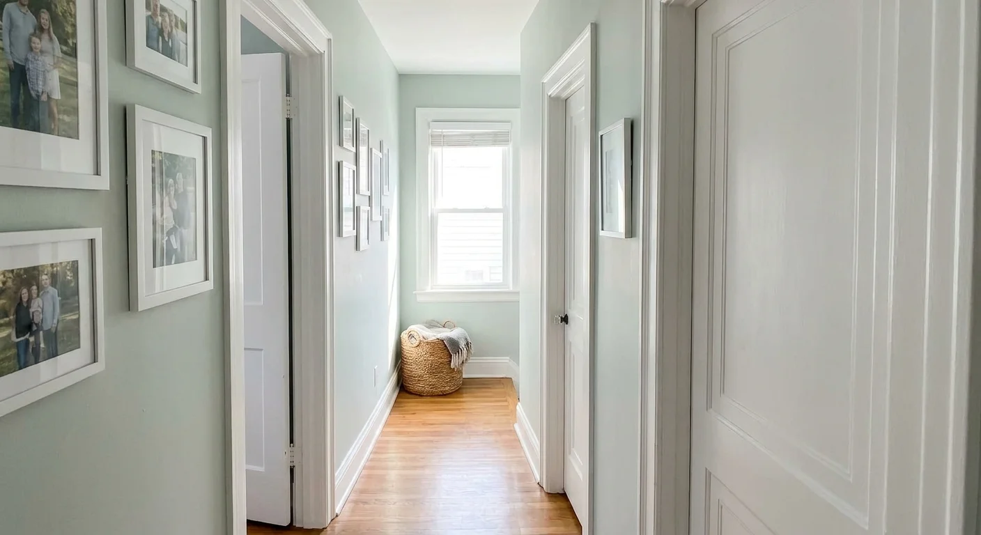 A coastal-inspired hallway painted in a soft, muted green-blue with white trim and a woven basket.