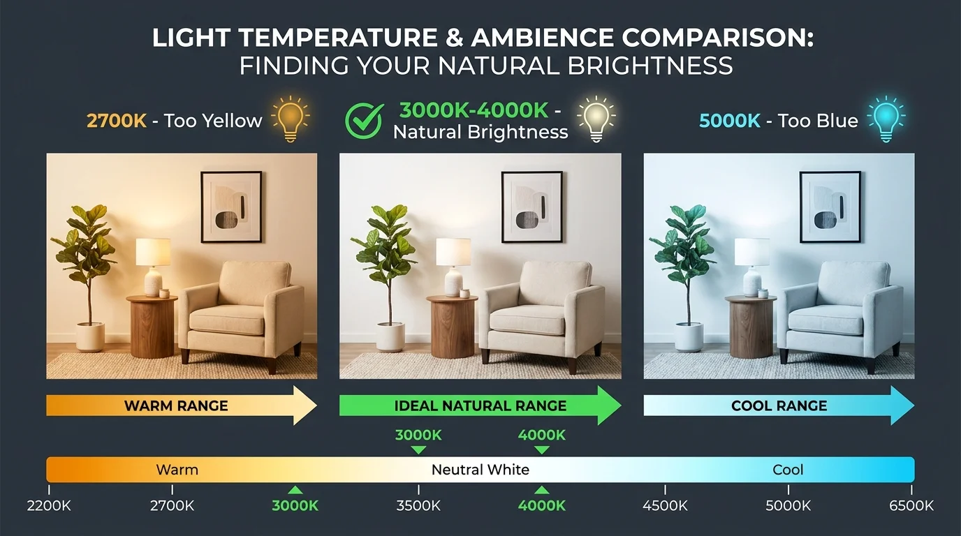 A comparison chart showing different light bulb color temperatures, highlighting the 3000K to 4000K range as ideal.