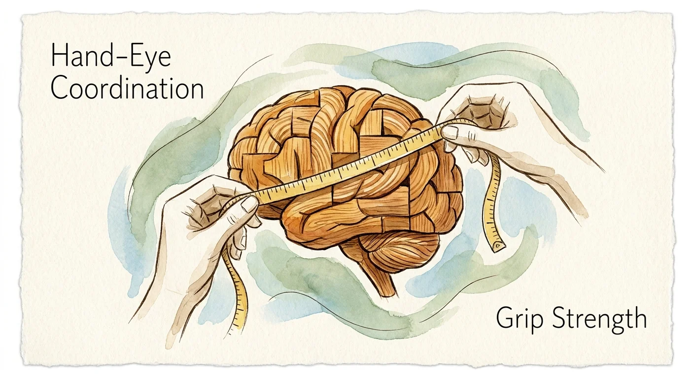 A conceptual watercolor illustration of a brain made of wood grain being measured by a tape measure.