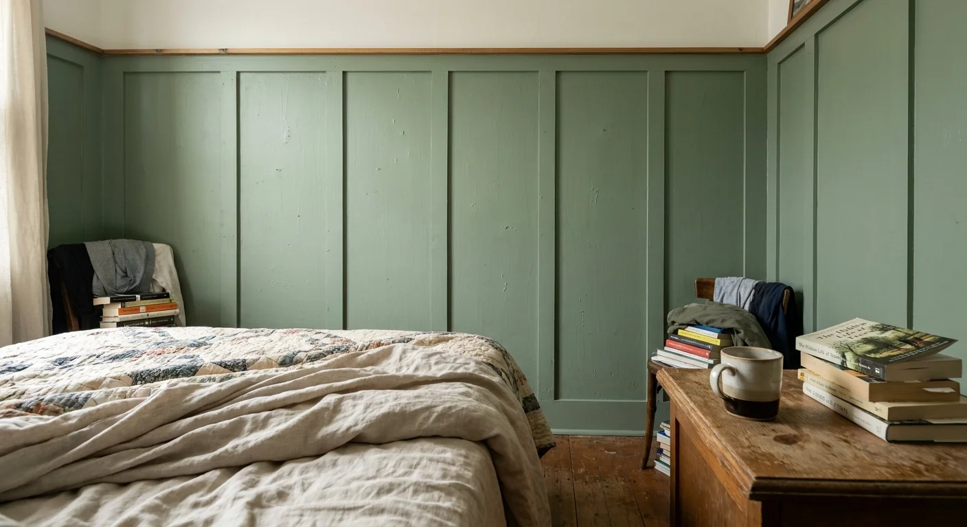 A cozy bedroom with a sage green board and batten wall and a natural wooden nightstand.