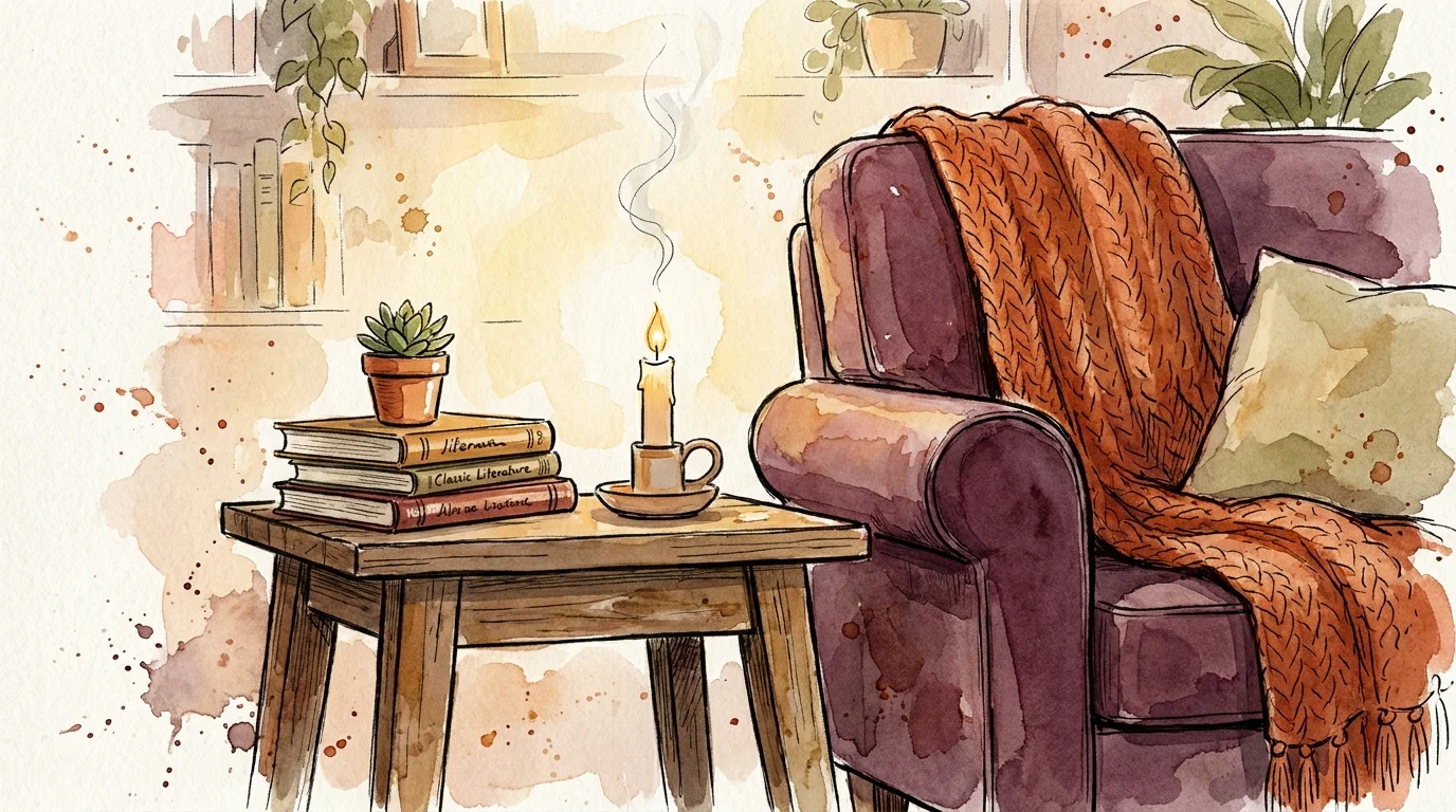 A cozy watercolor illustration of an armchair, a candle, and a stack of books.