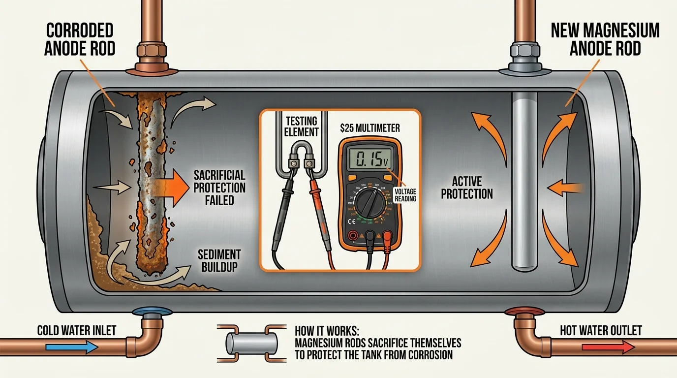 A cross-section diagram of a water heater comparing a corroded anode rod to a new one, with a multimeter testing the unit.