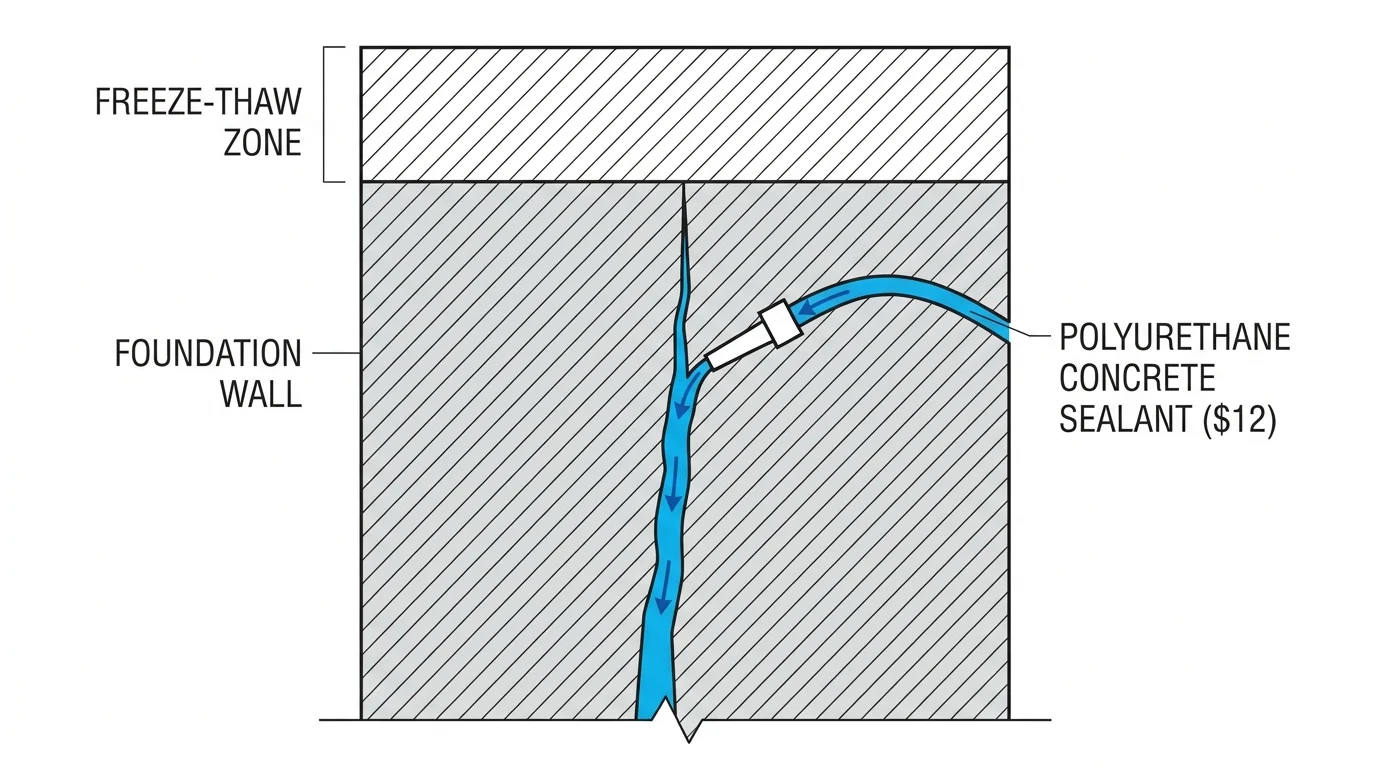 A cross-section diagram showing how polyurethane sealant fills a crack in a concrete foundation wall.