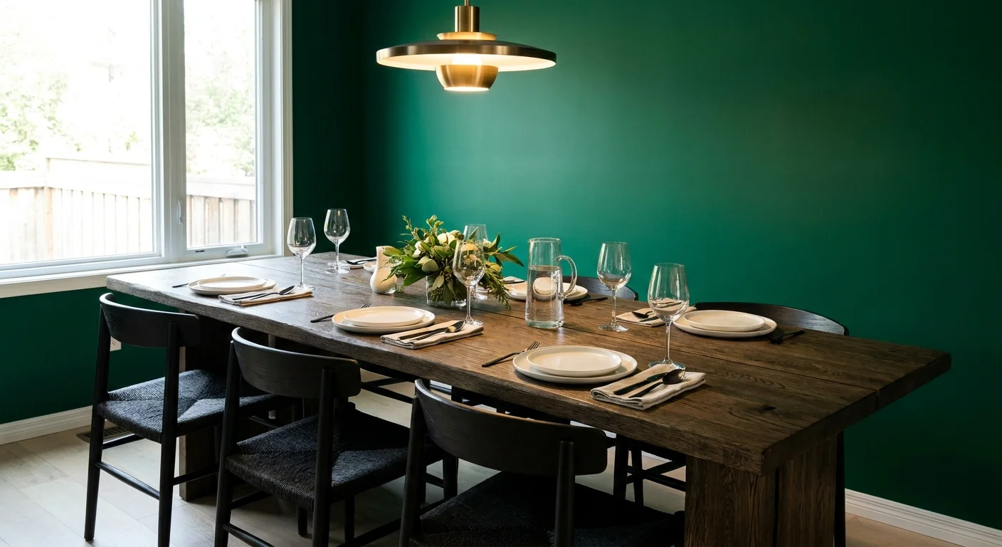A dark oak dining table against a vibrant, saturated emerald green wall.