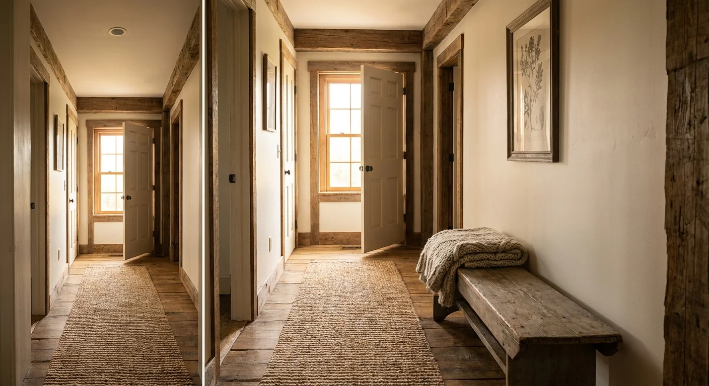 A farmhouse-style hallway with earthy white walls, reclaimed wood accents, and a jute runner.