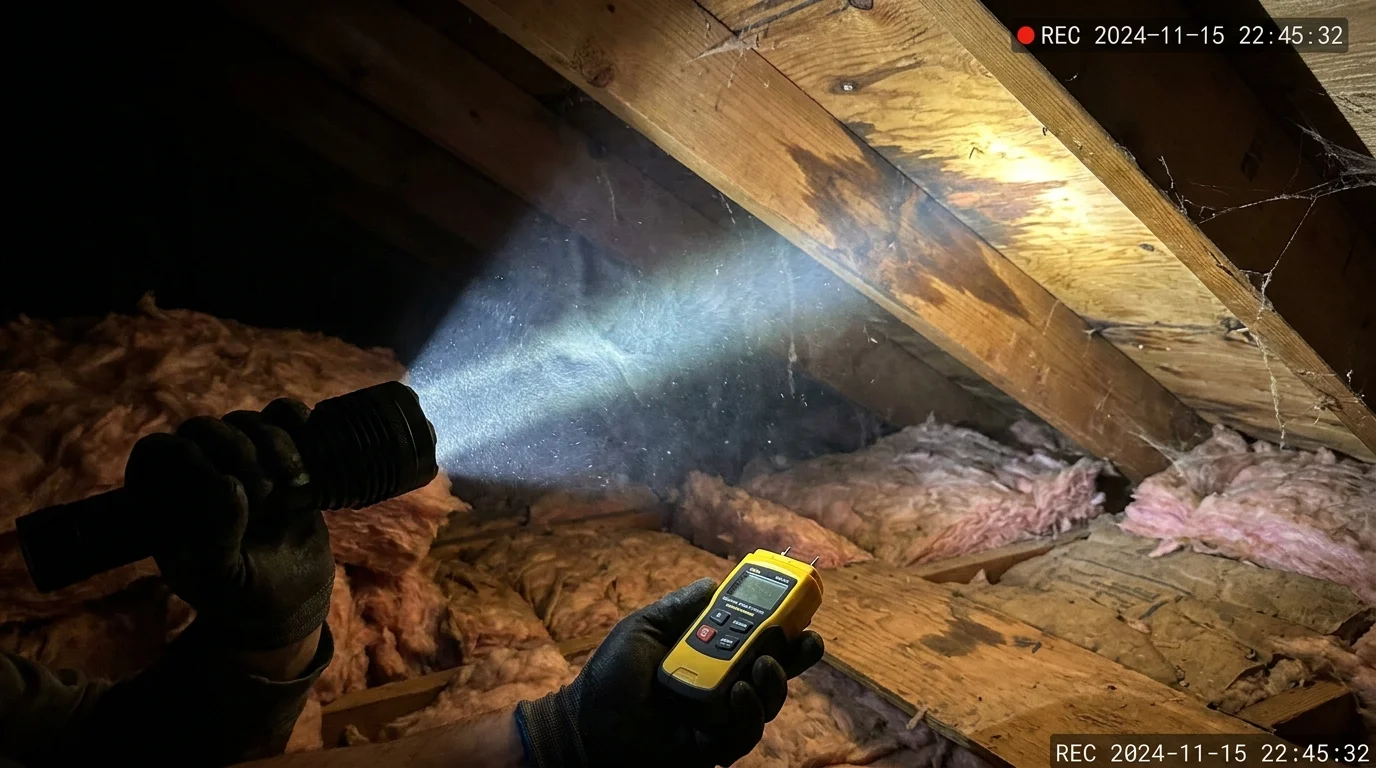 A first-person view of a flashlight beam illuminating a water stain on a wooden roof joist in a dark attic.