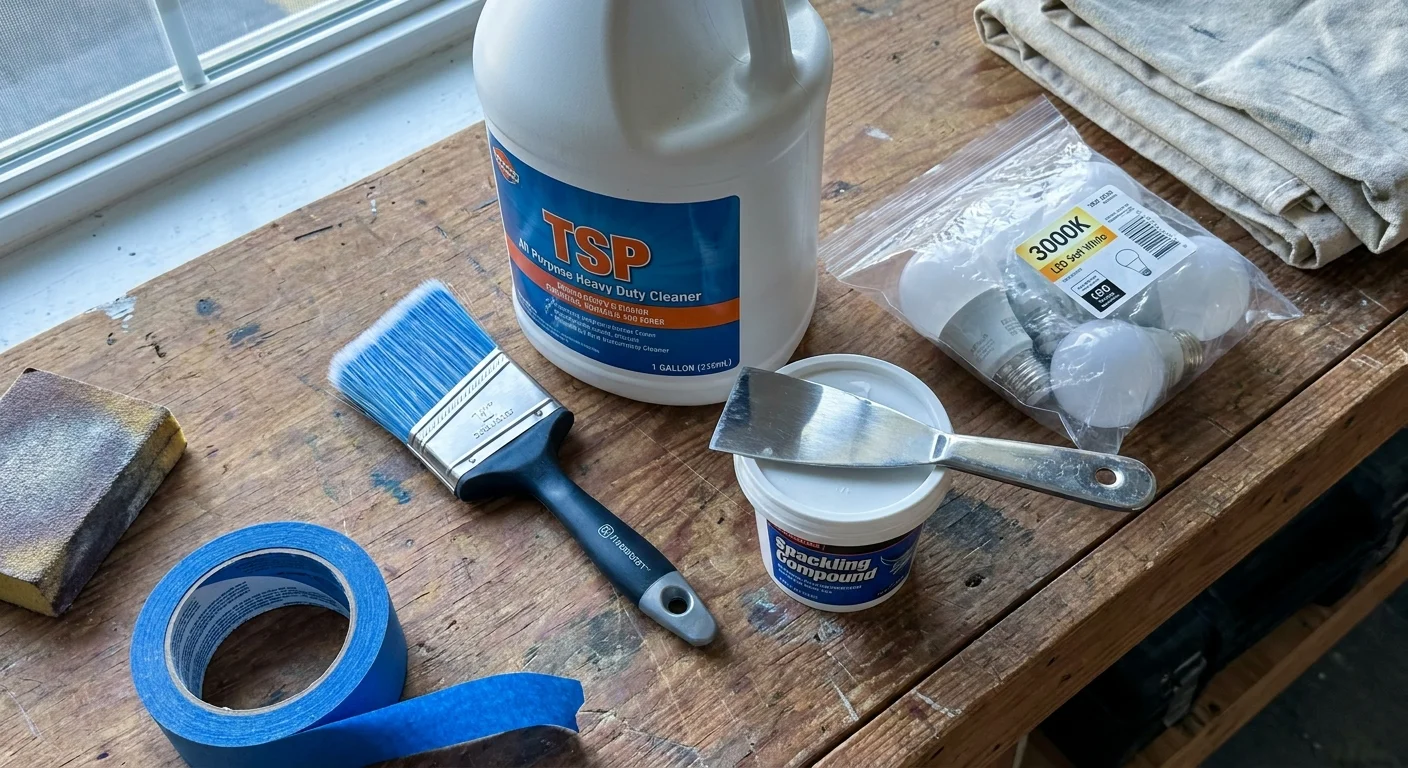 A flat-lay photograph of DIY supplies including TSP cleaner, spackle, a paintbrush, and LED bulbs on a wooden workbench.