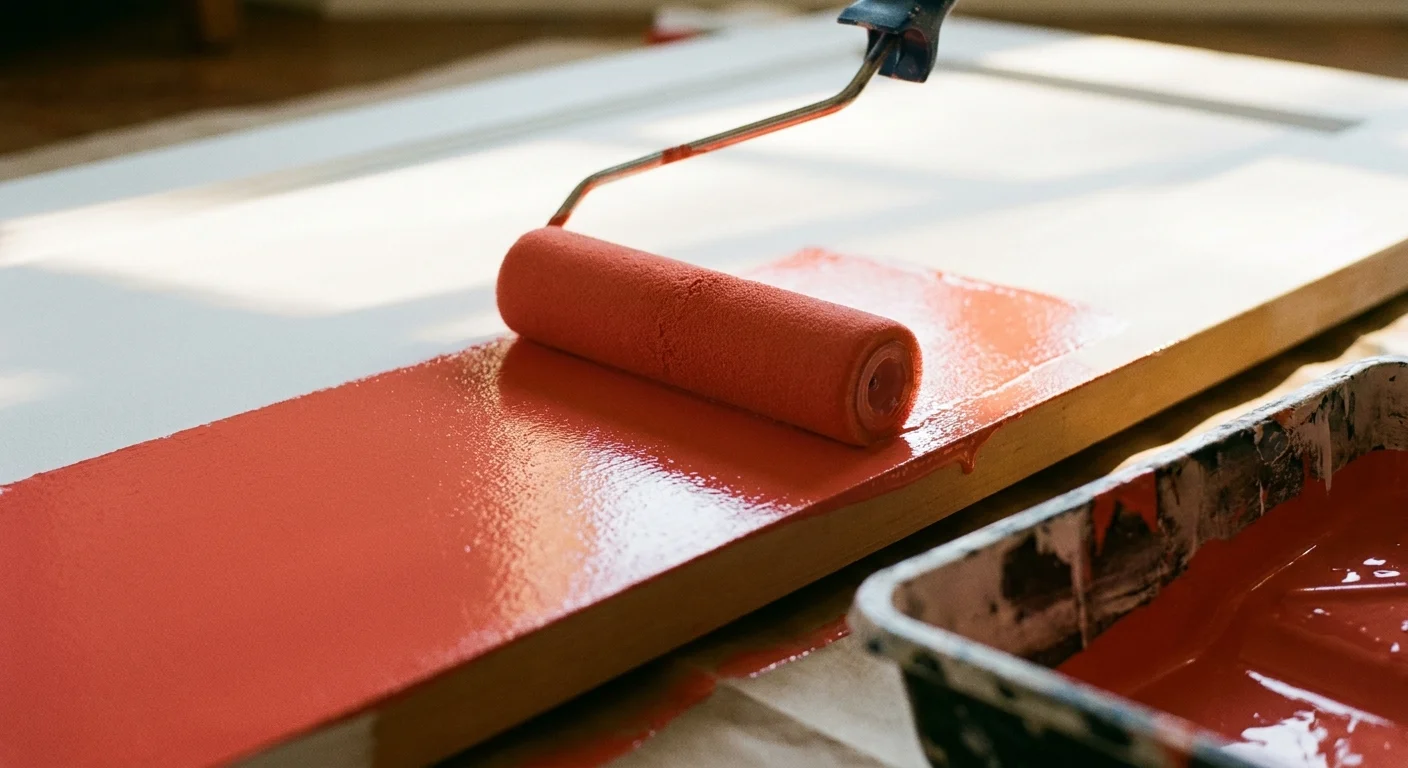 A foam roller applying vibrant coral paint over white primer on a flat door surface.