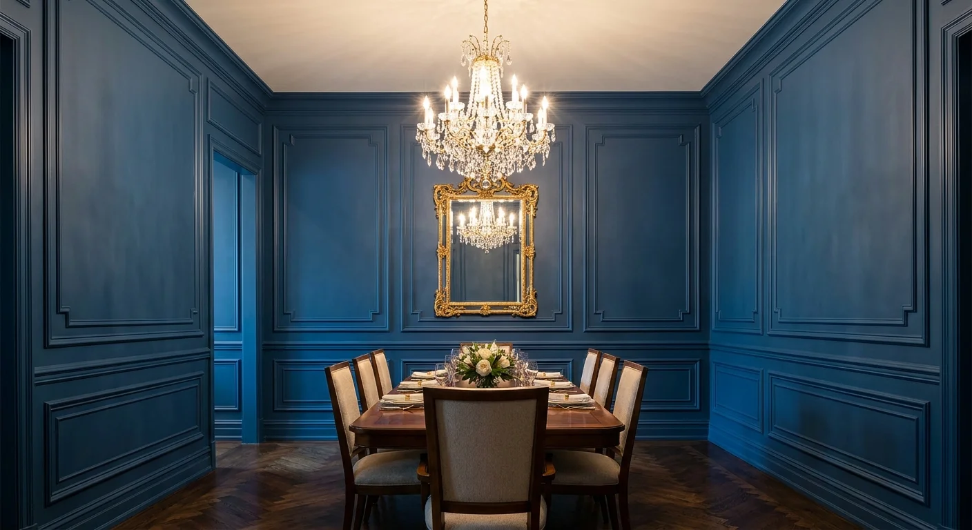 A formal dining room with monochromatic blue walls and elegant applied picture frame molding.