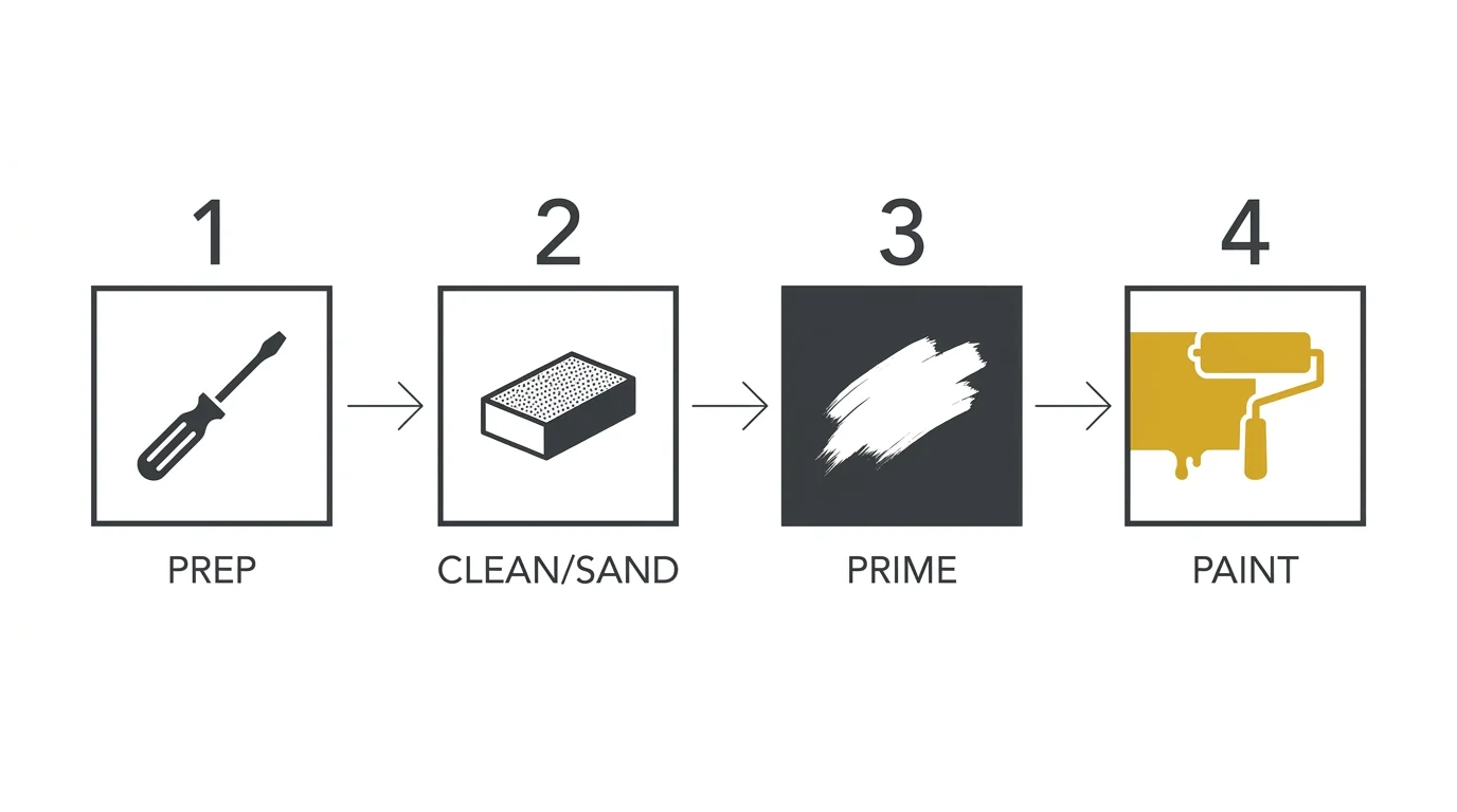 A four-step horizontal flowchart showing icons for prep, sanding, priming, and painting.
