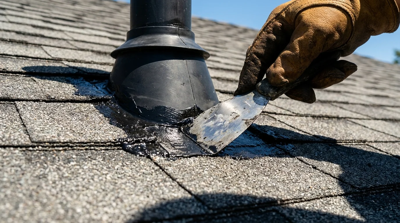 A gloved hand applying black roofing cement to seal the base of a plumbing vent pipe on an asphalt shingle roof.