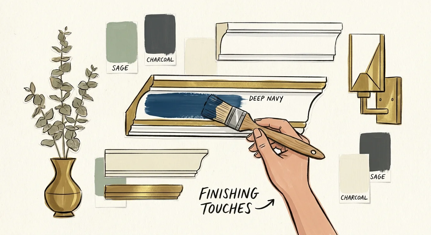 A gouache illustration of a hand painting trim, surrounded by paint swatches and a brass sconce.