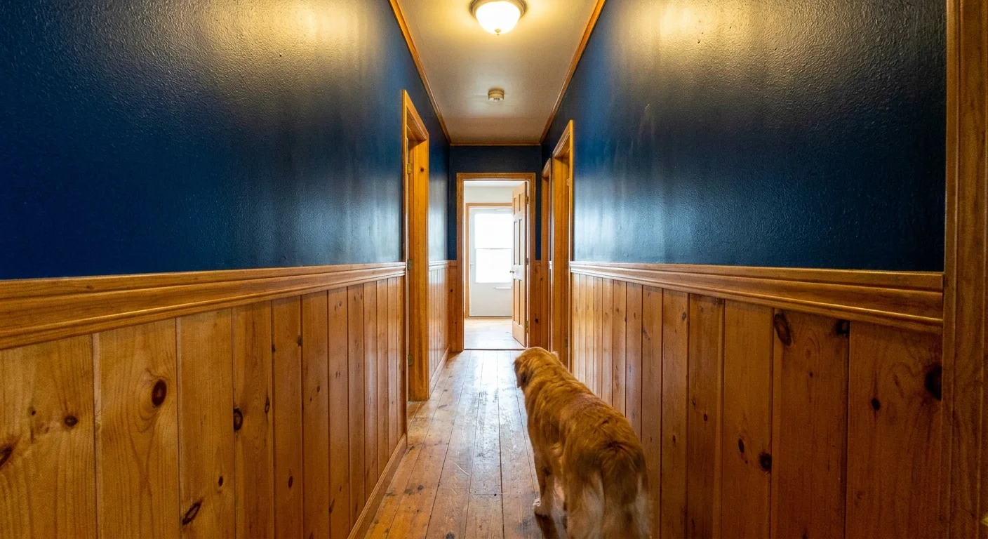 A hallway featuring deep navy blue paint above traditional knotty pine wainscoting.