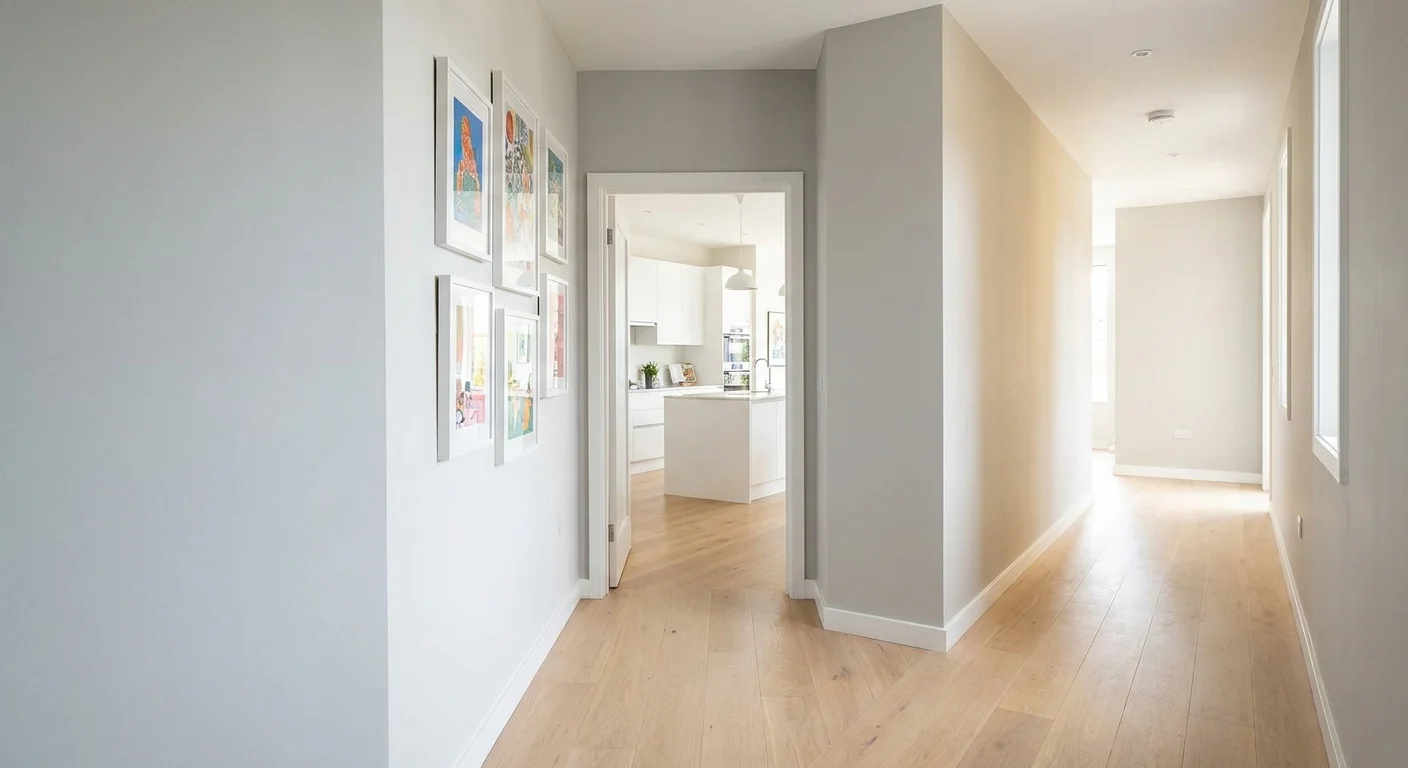 A hallway painted in a light greige color with light wood floors and colorful art on the walls.