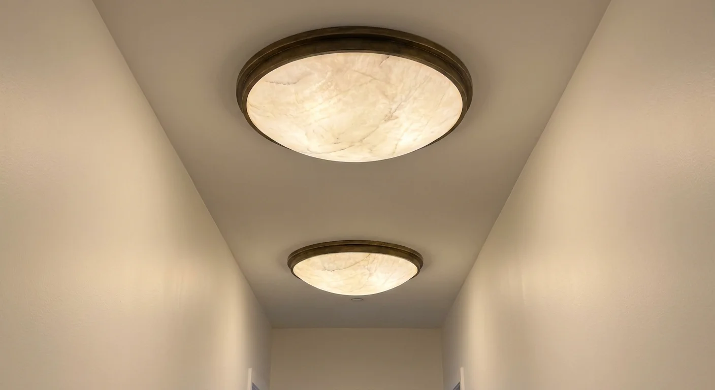 A hallway with soft-glowing alabaster flush mount lights on the ceiling, showing the natural stone texture.