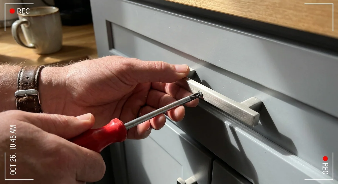 A hand using a manual screwdriver to tighten a silver cabinet pull on a gray kitchen drawer.