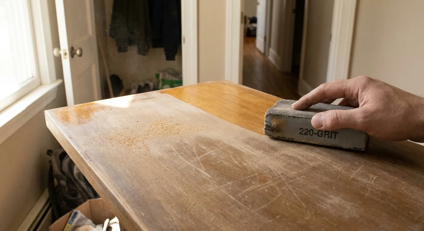 A hand using a sanding sponge to scuff the surface of a wooden door, creating fine dust.
