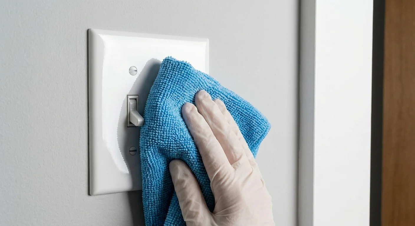 A hand wiping a clean, white light switch plate with a blue microfiber cloth.